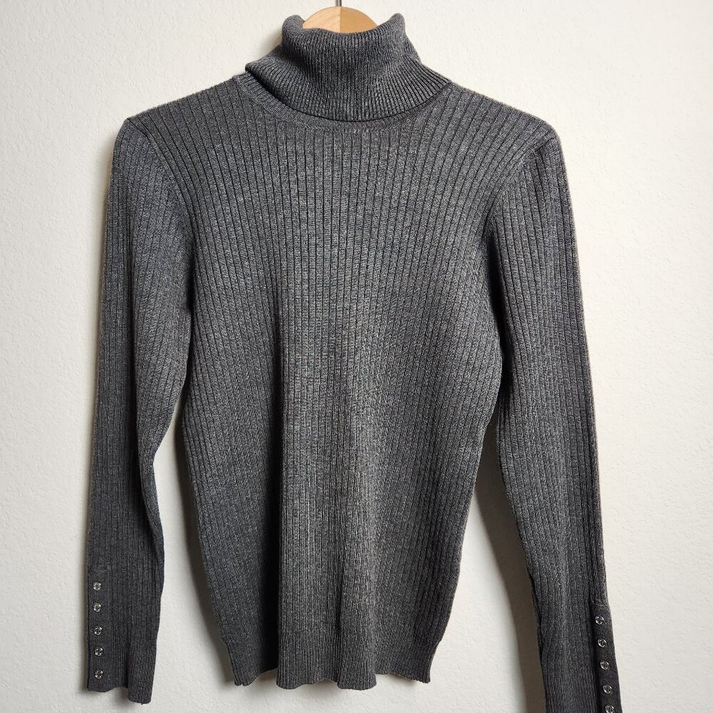Calvin Klein Grey Ribbed Turtleneck Sweater with Button Sleeves